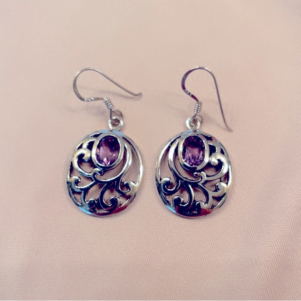 Amethyst Sterling Silver Filigree Medallion Earrings